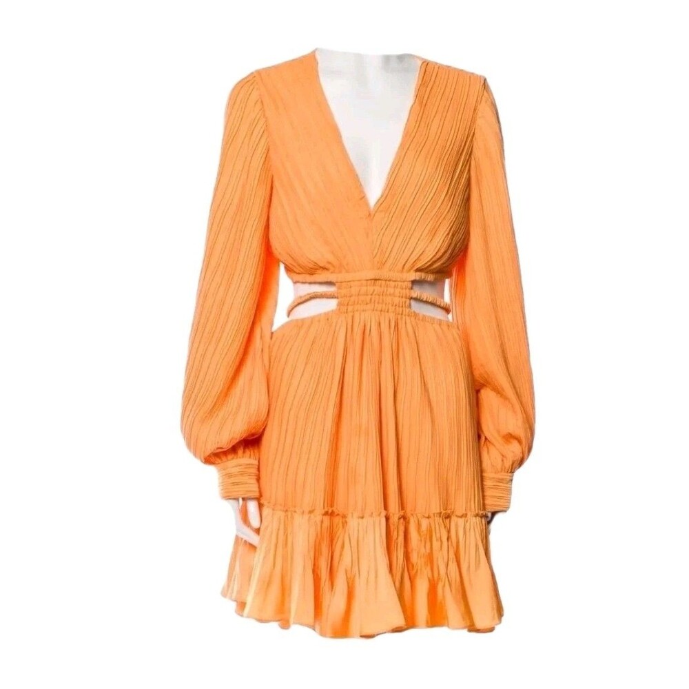 Jonathan Simkhai Londyn Mini Dress Womens  XS Orange Pleated Cutout Long Sleeve